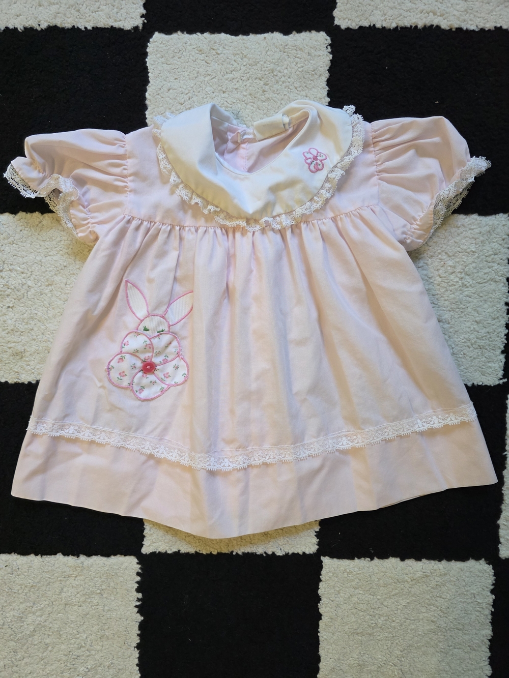 Vintage Nannette Pink and White Baby Dress with Flower Embroidery